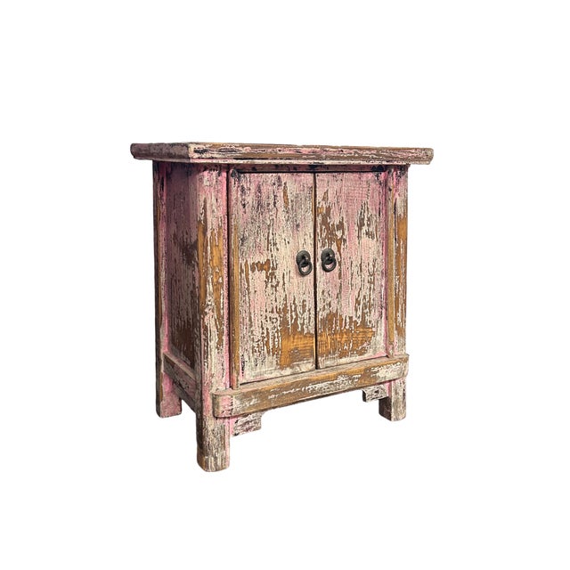 16.25" Distressed Pink Brown 2 Doors End Table Nightstand Chest For Sale - Image 4 of 6