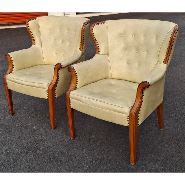 Mid 20th Century Pair Mid 20th Century Mahogany and Tufted Vinyl Upholstered Wingback Chairs For Sale - Image 5 of 14