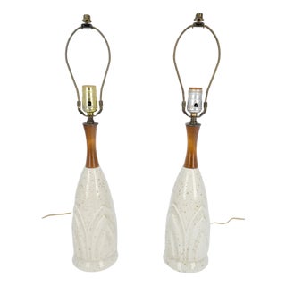 Pair Mid Century Lotus Motive Ceramic Pottery & Turned Walnut Bases Table Lamps For Sale