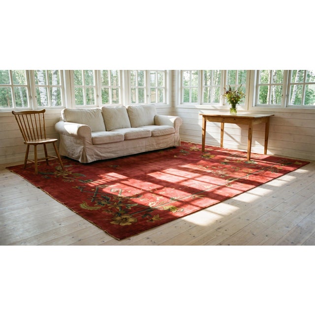 1920s Ruby Red Flora Bamboo Antique Chinese Art Deco Carpet 8'10" X 11'7" Knotted Wool Rug For Sale - Image 15 of 15