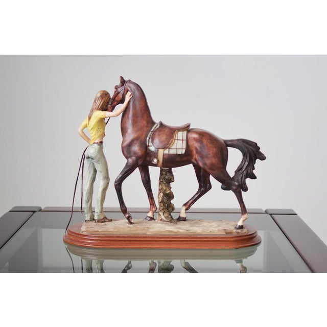Italian Ceramic Sculpture of Horse and Woman on Wooden Base by A. Saulini, 1970s For Sale - Image 4 of 7