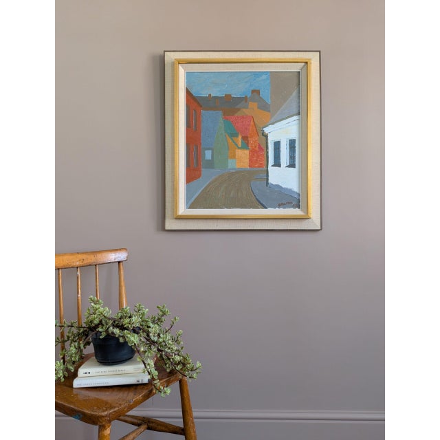 Mid-Century Modern 1968 Mid-Century 'Where the Street Bends' Vintage Swedish Street Scene Landscape Oil Painting, Framed For Sale - Image 3 of 11