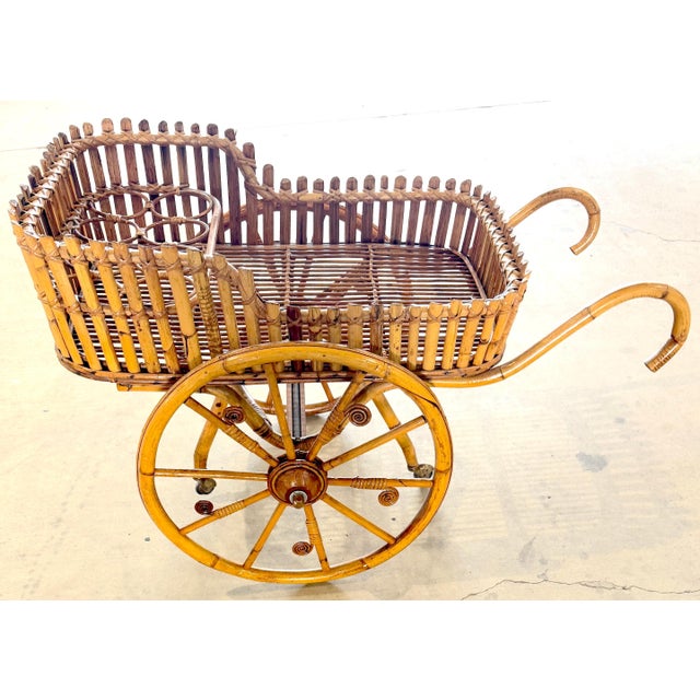 Wood French Modernist Rattan Bar or Flower Cart with Bottle Holders For Sale - Image 7 of 18