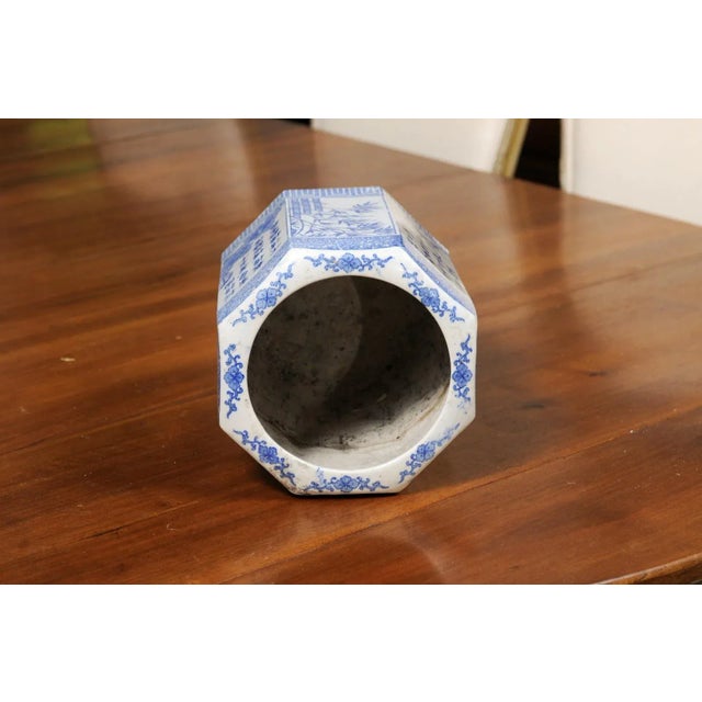 Mid 20th Century Vintage Chinese Blue & White Hexagonal Porcelain Vase with Hand-Painted Foliage Décor For Sale - Image 5 of 13