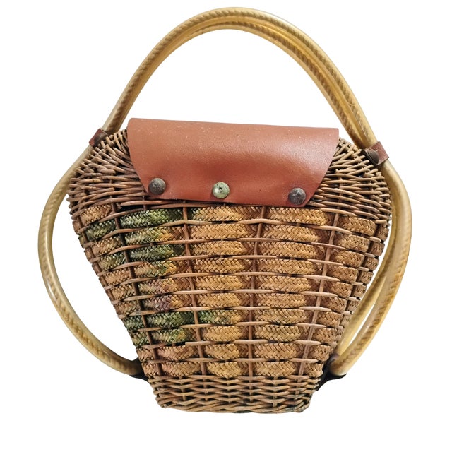 Mid-Century Modern Ooak Mid-Century 1960s Woven Wicker Creel Basket With Leather Flap Tubular Handles For Sale - Image 3 of 17