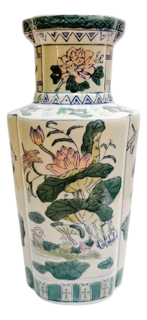 Mid 20th Century Tall Pink Lotus & Mandarin Ducks Quatrefoil Chinoiserie Vase