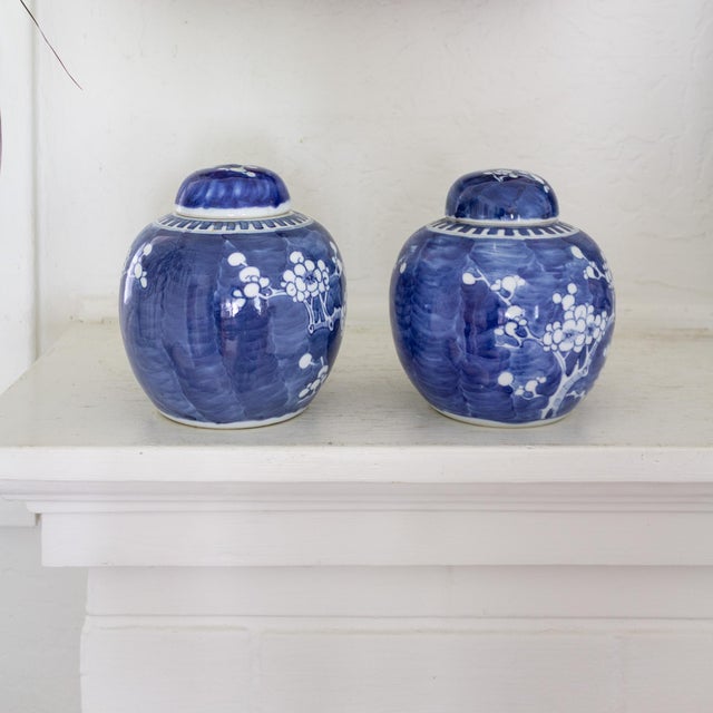 Pair of Blue and White Chinese Chinoiserie Prunus Blossom Lidded Ginger Jars For Sale - Image 6 of 14