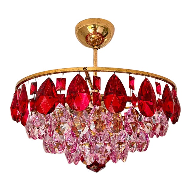 Vintage French Style Crystal Chandelier – Hand-Painted Pink & Ruby Red Prisms For Sale