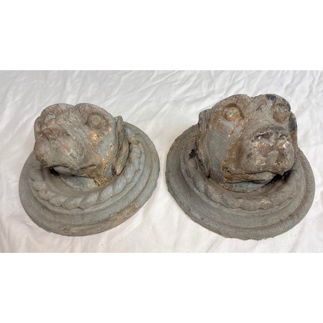 Pair Antique Hand Carved Dog Architectural Salvage Wall Sculpture Conklin Port For Sale - Image 4 of 13