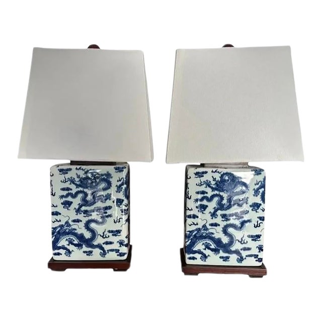 Contemporary Ralph Lauren Blue and White Petite Square Lamps With Dragon Design and Square Fabric Shades - A Pair For Sale