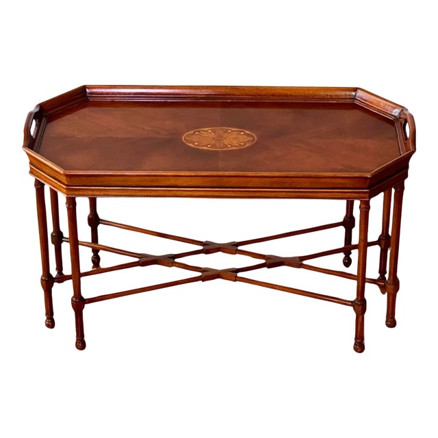 Late 20th Century George III Style Mahogany Fixed Tray Top Cocktail Table With Inlay by Drexel For Sale
