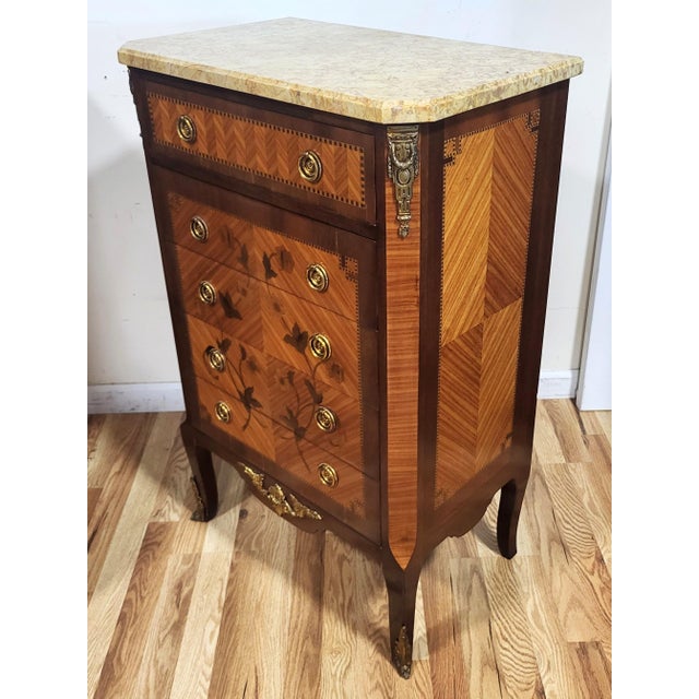 Pair Antique French Louis XV Style Inlaid & Sienna Marble Chest Commodes Signed For Sale In New York - Image 6 of 18