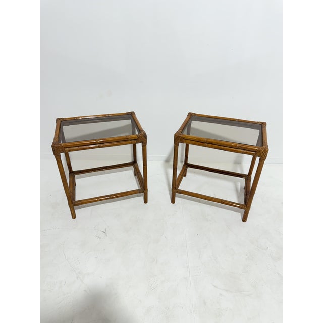 Set of 2 bamboo nightstands with glass tops, Made in Italy, 1960 Intact and in good condition. Width 57 cm, depth 41 cm,...