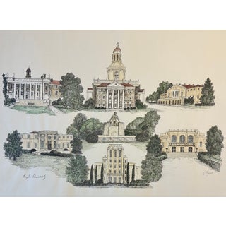 1980s Baylor University (Texas) Campus Print by Liz Bryant – Hand-Colored Architectural Illustration, 24” X 18” For Sale