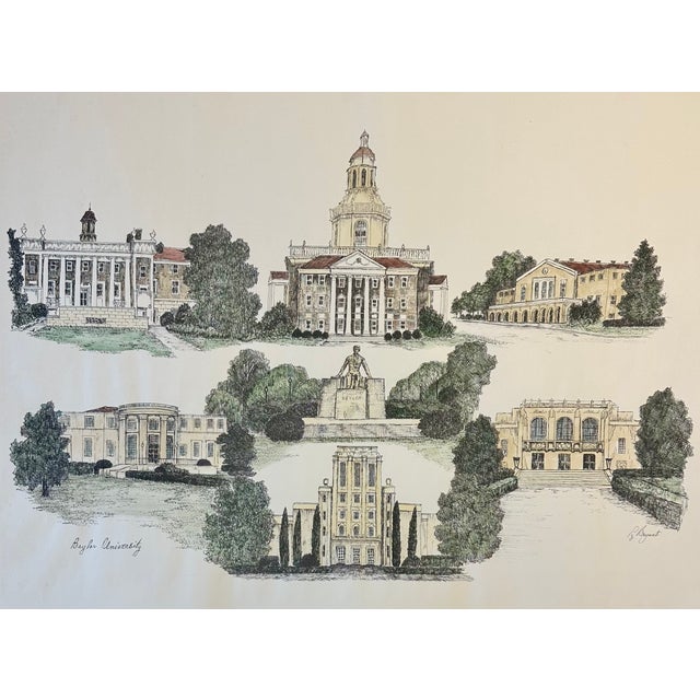 1980s Baylor University (Texas) Campus Print by Liz Bryant – Hand-Colored Architectural Illustration, 24” X 18” For Sale