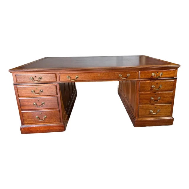 19th Century Large Size Antique English Geogra Style Oak Leather Top Double Pedestal Partner Executive Desk For Sale