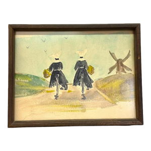 Vintage Watercolor Painting of Nuns on Bicycles With Windmill – Framed Mid-Century Whimsical Folk Art