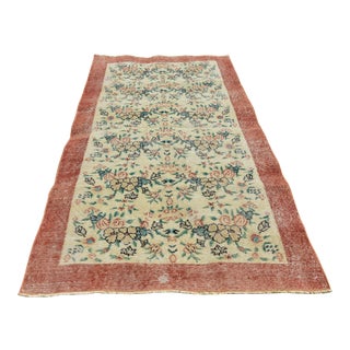 1970s Vintage Boho Style Hand Knotted Floral Beige Oushak Rug For Sale