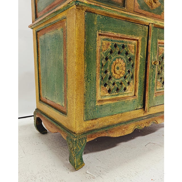Green Indian Cabinet with Carvings, 1950s For Sale - Image 8 of 9