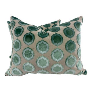 Manuel Canovas "Tiana Velvet" in Turquoise 16"x20" Pillows-A Pair For Sale