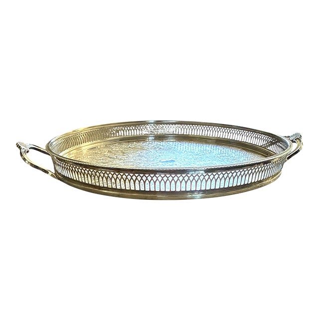 Vintage English Silverplate Round Gallery Tray With Shell Handles For Sale