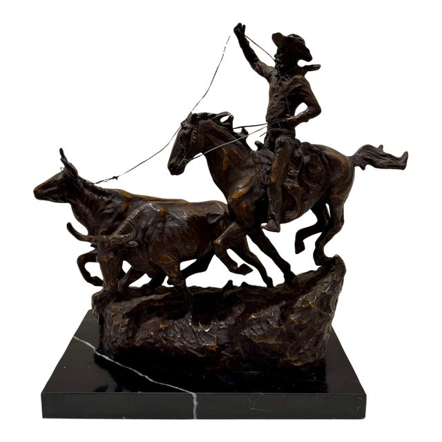 1940s Western Bronze Cowboy Roping Cattle Sculpture Signed Charles M Russell Style on Marble Base For Sale