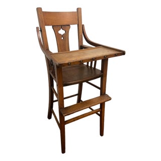 Early American Oak Mission Style Folk Art Wooden High Chair For Sale