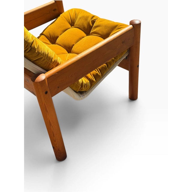 Danish Modern Solid Pine Lounge Armchair | New Canvas Sling & Mustard Velvet Cushion | C. 1970s For Sale - Image 11 of 11