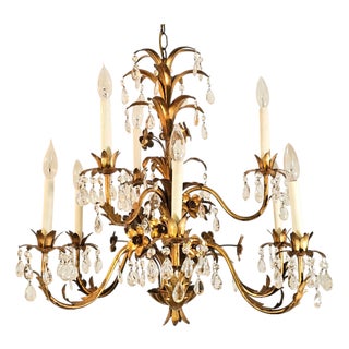 Italian Hollywood Regency Gilt Tole 9-Arm Chandelier With Crystal Drops, 1950s For Sale