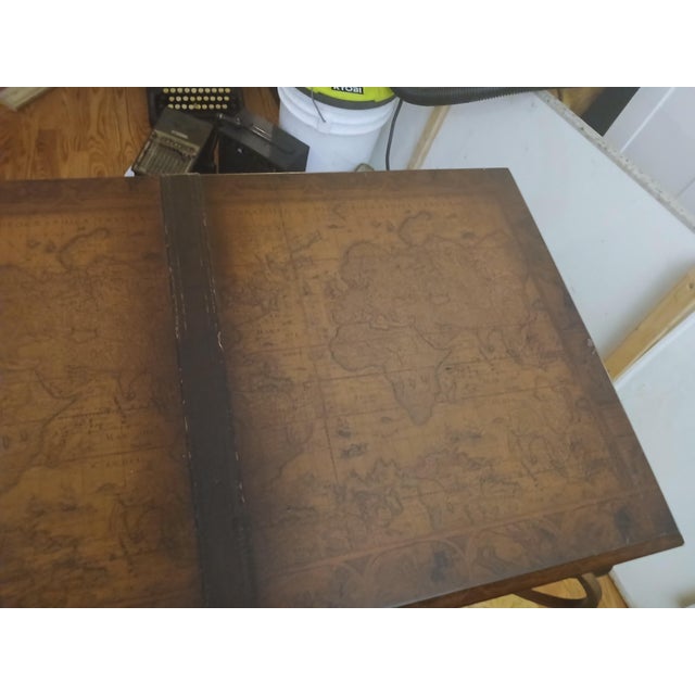 English World Map Suitcase Console Table Leather Straps & Buckles, Wrought Iron Base For Sale - Image 3 of 9