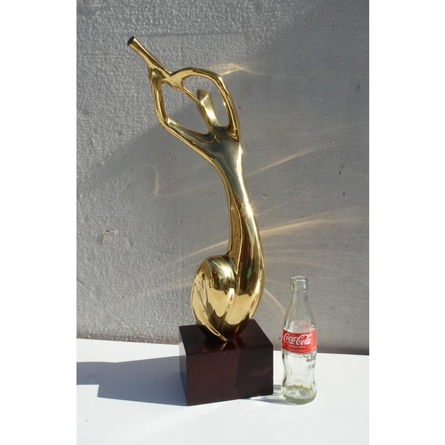 Mid-Century Modern Large Abstract Brass Flute Player Sculpture on Wooden Base, 1970s For Sale - Image 3 of 11