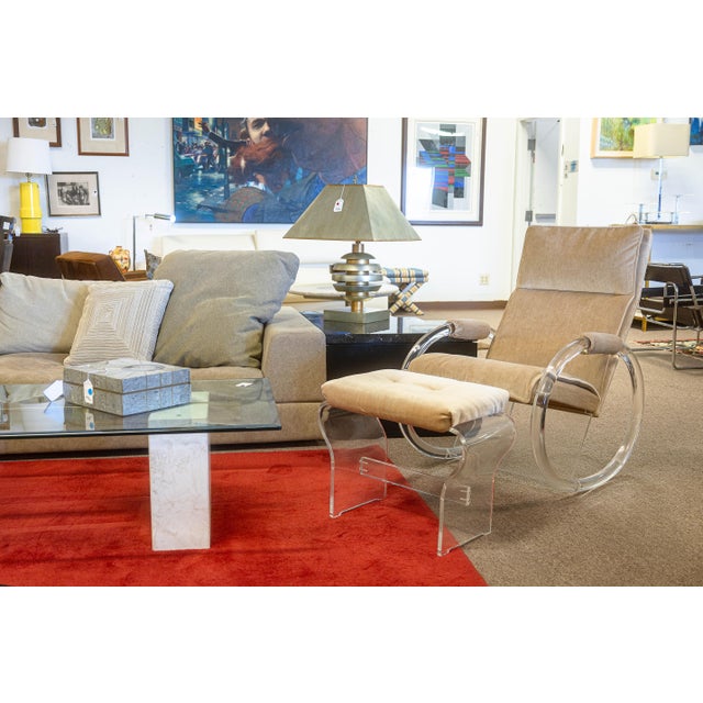 1970s Vintage 1970s Charles Hollis Jones Velvet Lucite Rocking Chair and Ottoman For Sale - Image 5 of 11