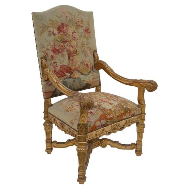 Neoclassical Pair of Large Late 19th Century French Neoclassical Gilded Walnut Armchairs For Sale - Image 3 of 12