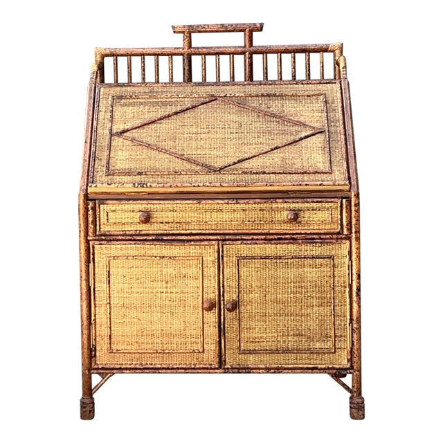 Vintage Tortoise Burnt Rattan Drop Front Desk For Sale