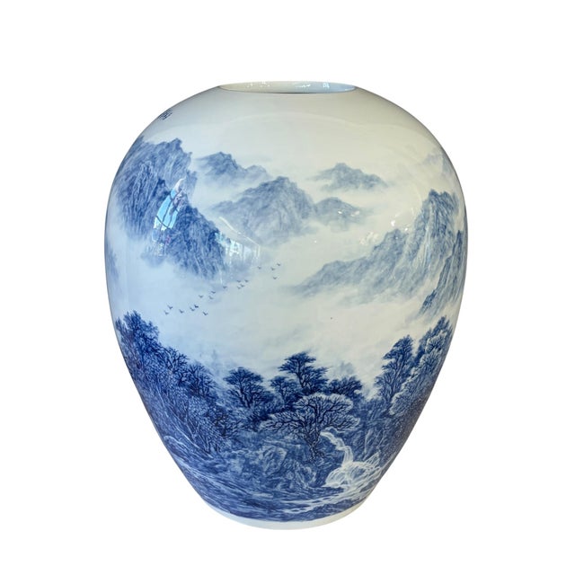 Chinoiserie Vintage Chinoiserie Egg Shaped Blue and White Vase 16" H For Sale - Image 3 of 10