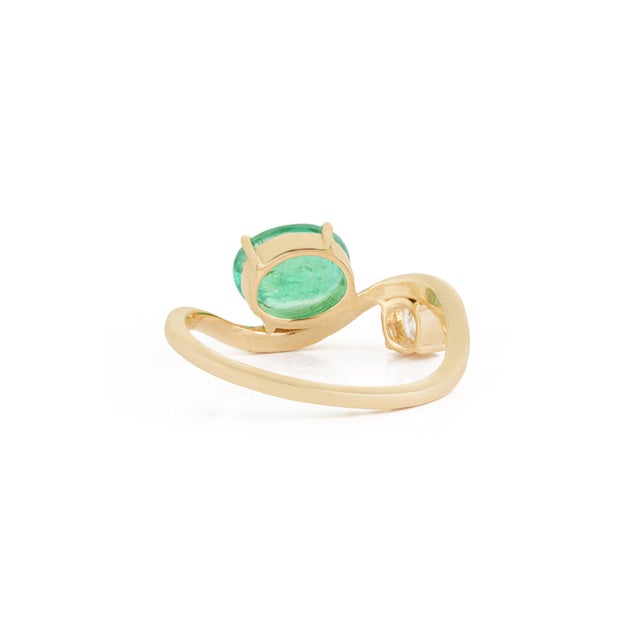 14k Yellow Gold 1.41ct Natural Oval Emerald & Diamond Wavy Toi Et Moi Ring Size 4 For Sale - Image 10 of 18