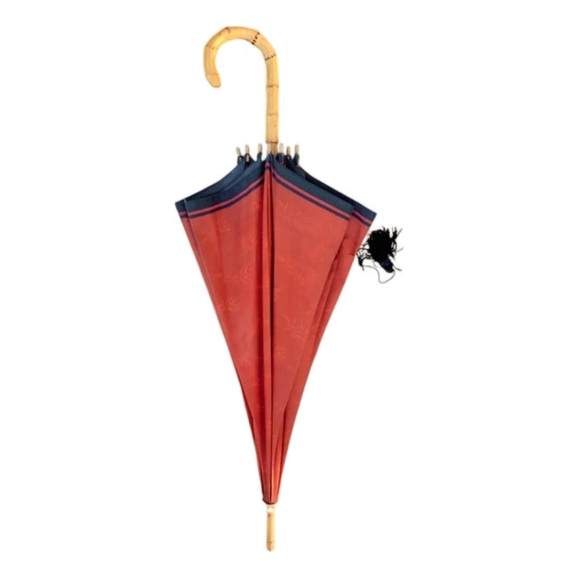 Vintage Ysl / Yves St Laurent Red & Navy Blue Tassel Umbrella With Bamboo Handle For Sale