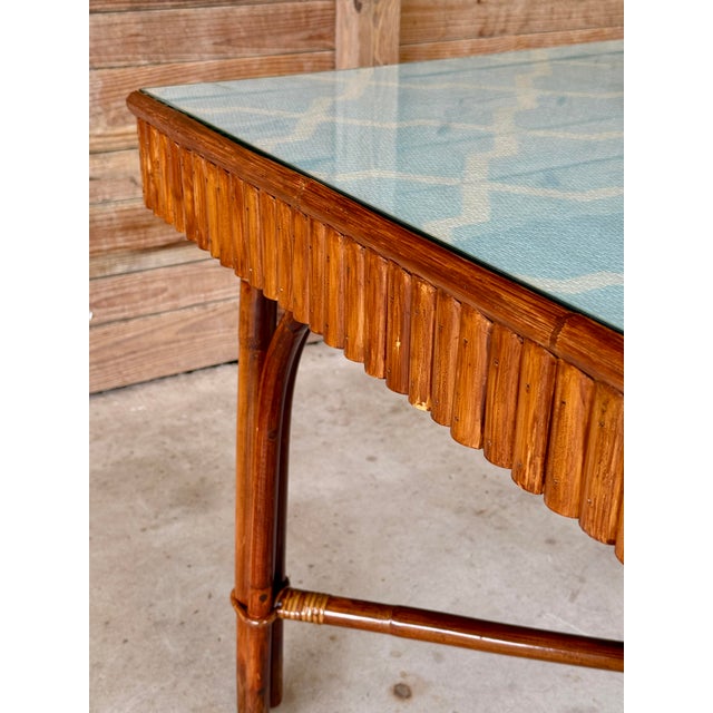 Organic Modern Custom Split Rattan Game Table With Lift-Top, Thibaut Grasscloth, and Ficks Reed Base For Sale In Naples, FL - Image 6 of 12