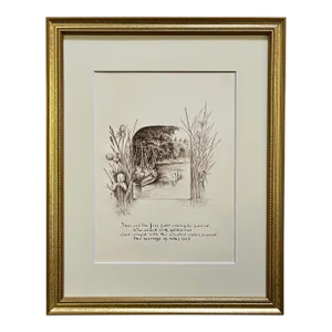 Original Antique Pen and Ink With Watercolor Drawing of a Fisherman With Calligraphic Poetry Verse From Longfellow