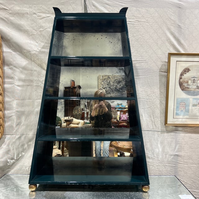 Custom Designer High Gloss Green Lacquered and Aged Mirror Backed Pagoda Form Display Etagere For Sale - Image 9 of 10