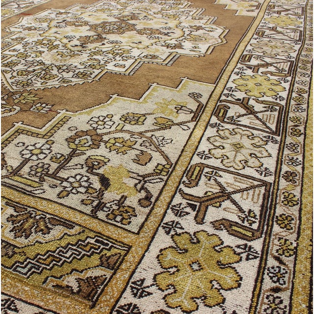 Tribal Vintage Turkish Oushak Rug in Warm Brown, Ivory, and Golden Yellow Tones For Sale - Image 3 of 8