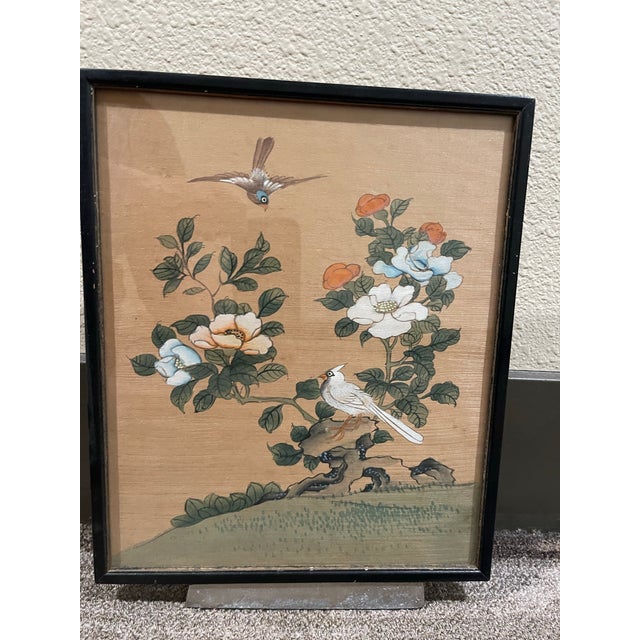 Mid-Century Modern 1930s “Huaniao-Hua” (Bird and Flower) Gongbi Style Chinese Watercolor & Ink on Woven Silk For Sale - Image 3 of 5