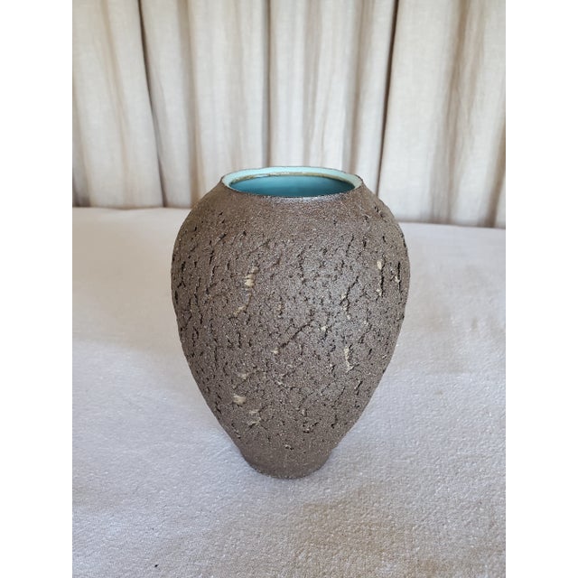 Mid 20th Century Vinage Mid-Century Studio Pottery Teal and Brown Ceramic Lava Vase For Sale - Image 5 of 6