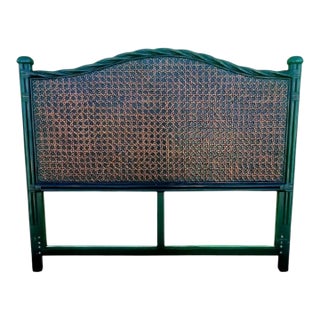 Vintage British Colonial Large Wicker Weave Designed Solid Twisted Dark Wood Queen Size Headboard For Sale