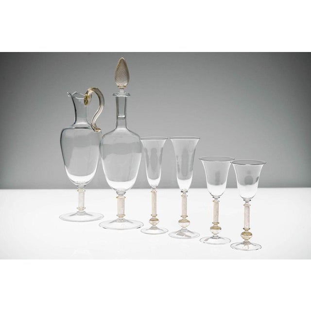 Gold Leaf and Murano Stemmed Glasses, Pitcher and Bottle attributed to Fuin, 1990s, Set of 6 For Sale - Image 15 of 18