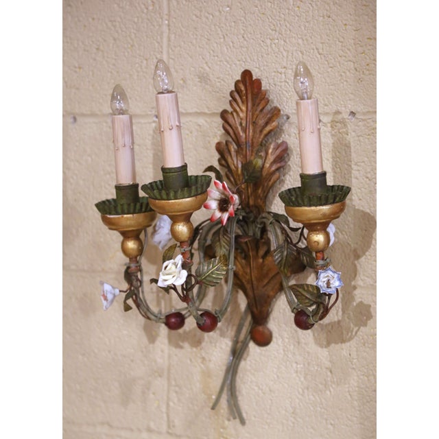 Pair of Mid-Century Italian Tole and Porcelain Floral Three-Light Wall Sconces For Sale - Image 4 of 10