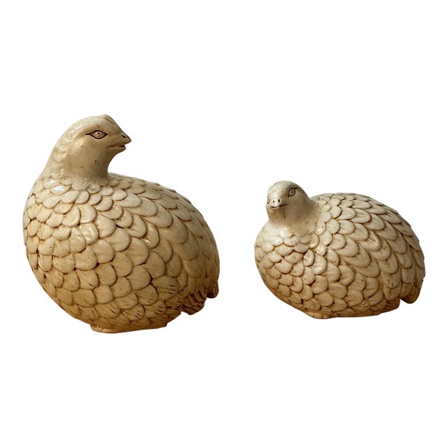 2 Vintage Handmade Ceramic Quail Hen Chick Birds MCM Figurines Artist Signed 1961 For Sale