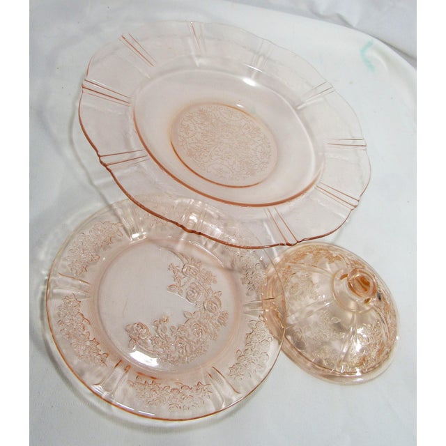 Mid 20th Century Mid 20th Century Pink Depression Glass Pieces Covered Dish and Rimmed Bowl For Sale - Image 5 of 15