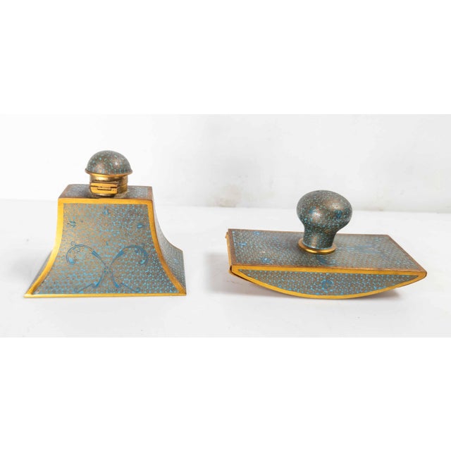 Late 19th Century 20th Century Chinese Turquoise Teal Cloisonne Enamel Desk Set For Sale - Image 5 of 15