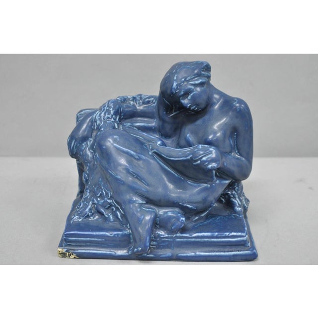 Antique Rookwood Blue Glazed Ceramic Nude Female Figure Reading Book Bookend For Sale - Image 15 of 16